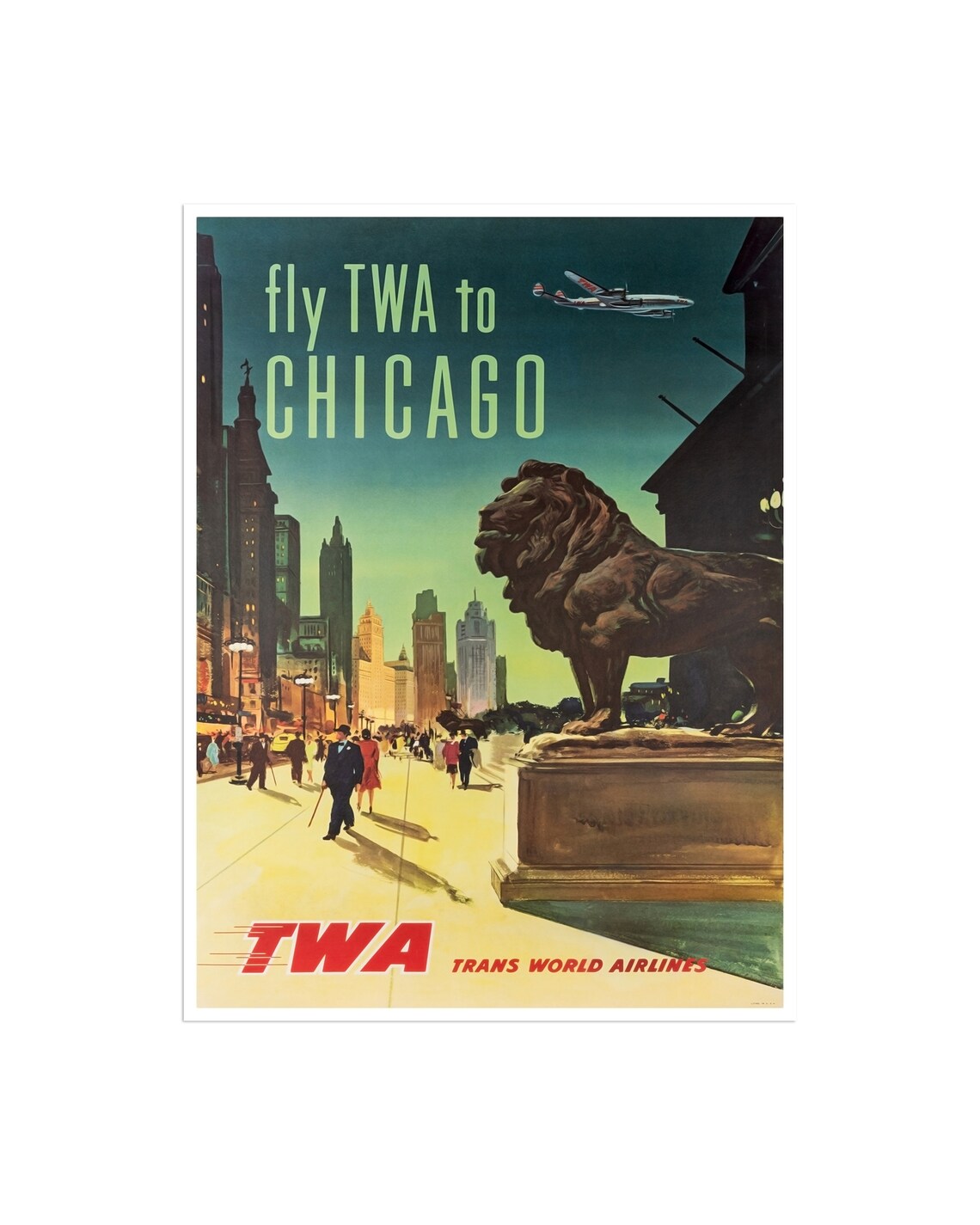 Fly TWA to Chicago Vintage Airline Poster with Stone Lion Statue