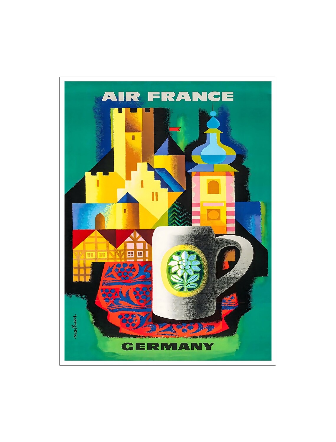 Air France Germany Castle and Beer Stein Vintage Travel Poster