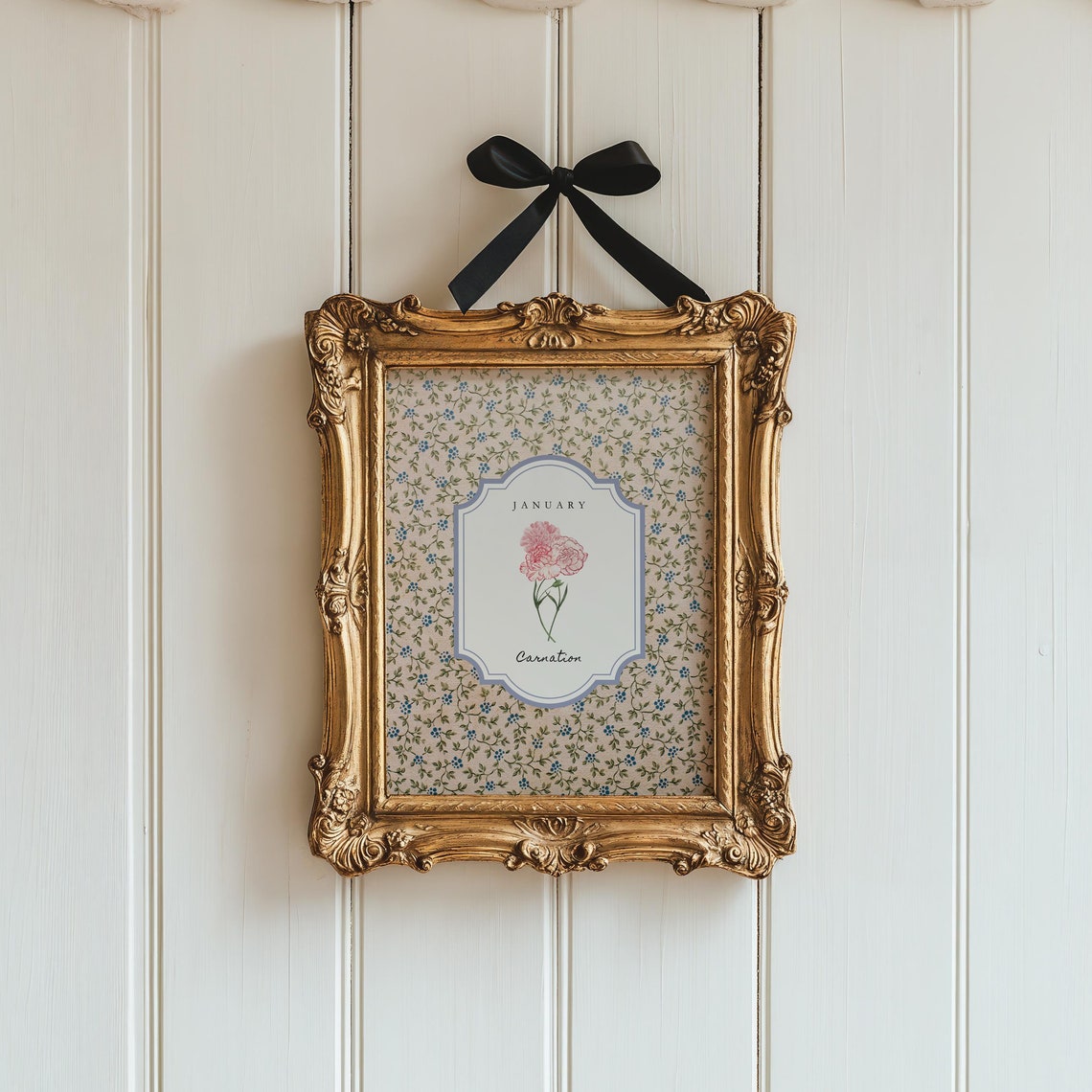 January Carnation Birth Flower Poster on Pink Ditsy Floral Ground