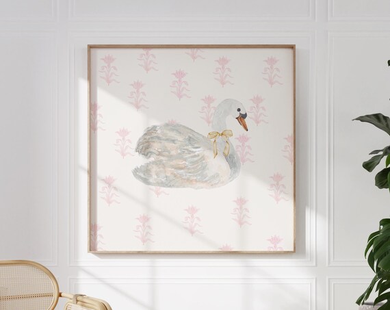 Graceful White Swan with Yellow Bow on Pink Floral Wallpaper Poster
