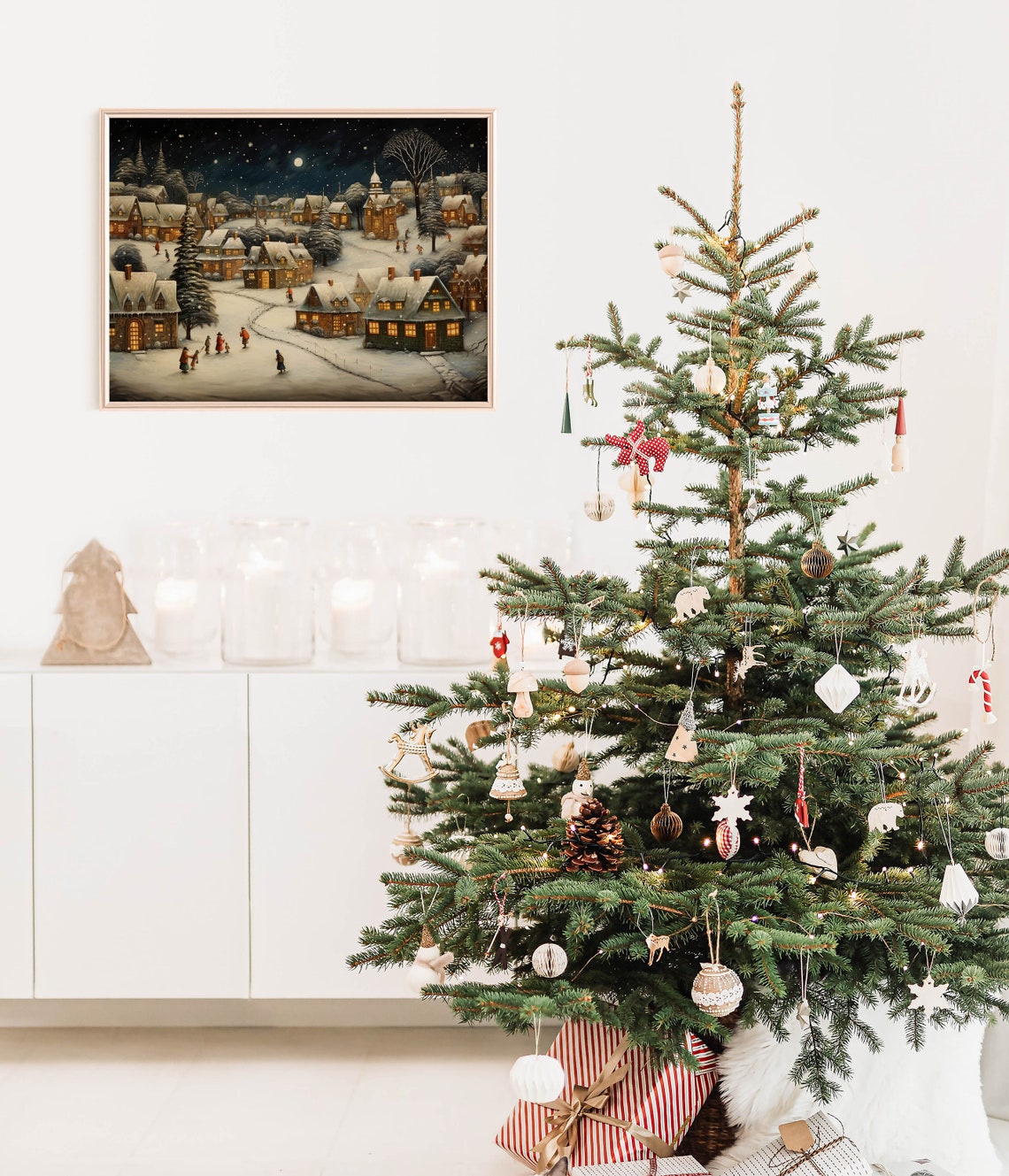 Vintage Christmas Village Wall Art Vintage Christmas Winter Night Wall Art Farmhouse Christmas Decor Snowy Town Painting Xmasv1 - Image 2