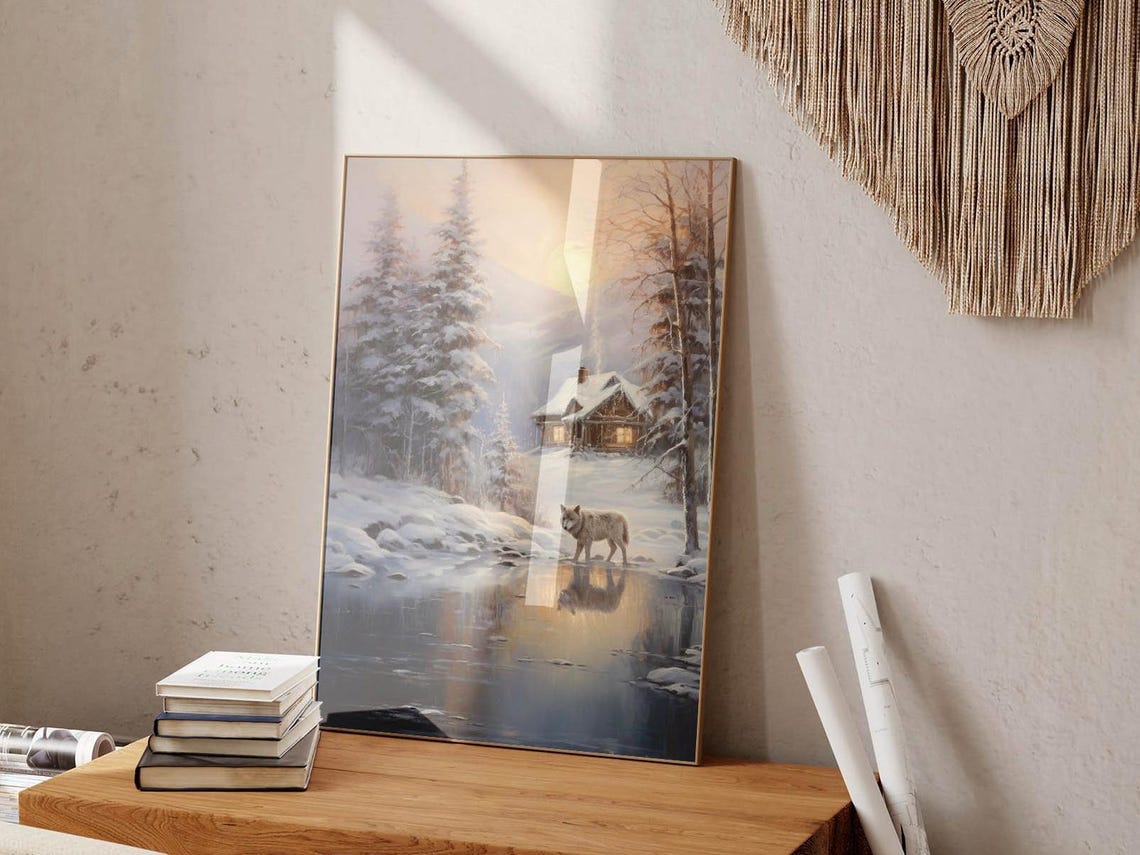 White Wolf by a Winter Stream with Log Cabin Sunset Landscape Poster - Image 6