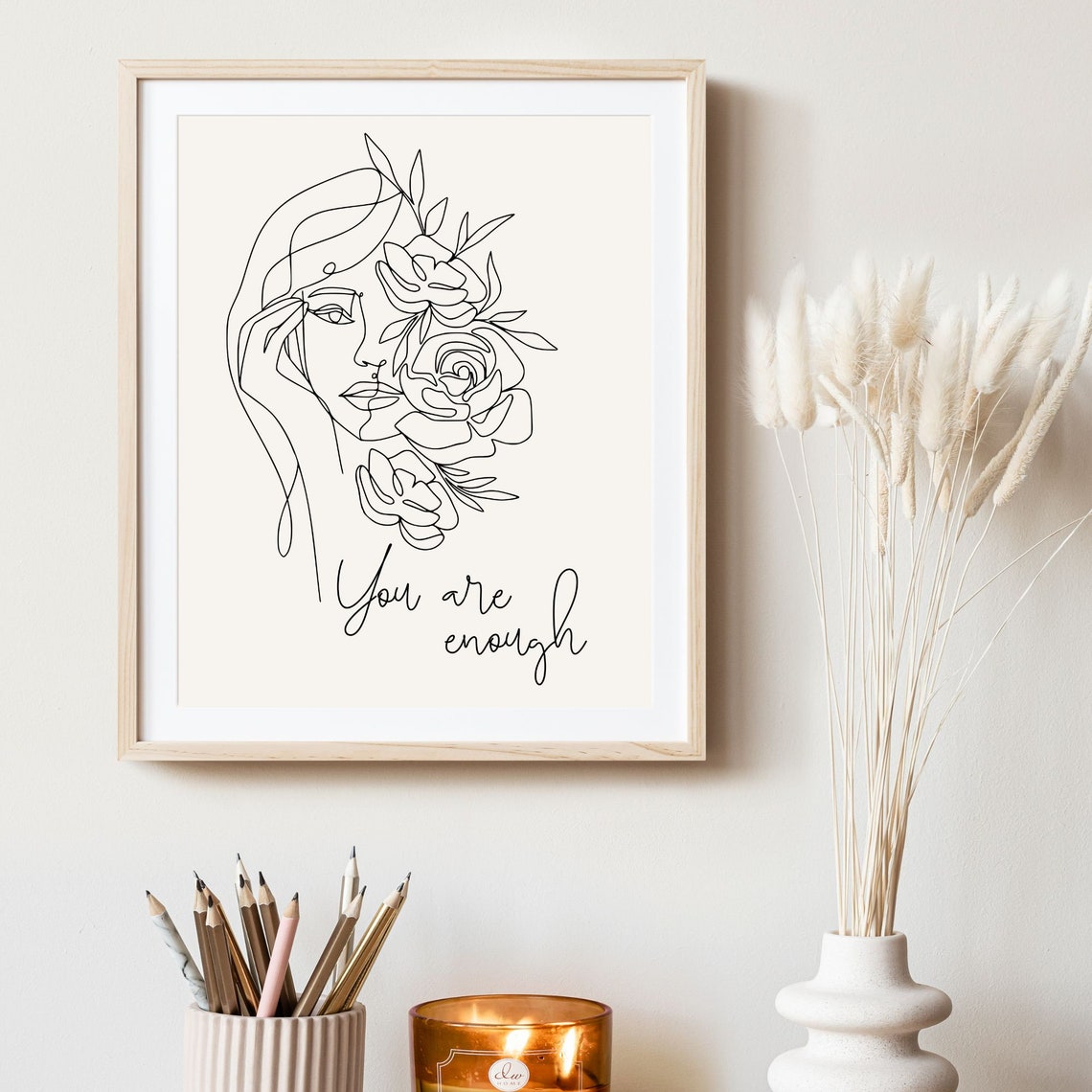 You Are Enough Line Art Woman Flowers Minimalist Wall Poster - Image 6