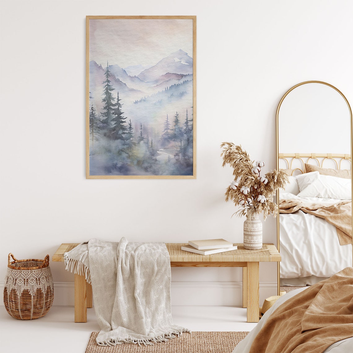 Misty Pine Forest Mountain Foggy Watercolor Landscape Art Print - Image 7