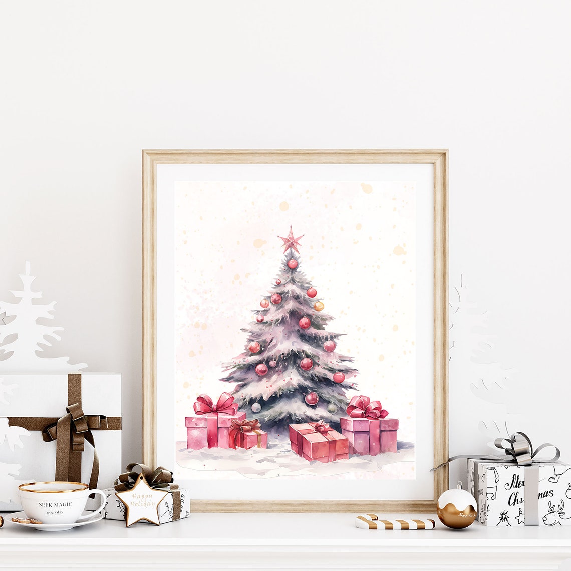 Blush Pink Christmas Tree Watercolor Ornaments Gifts Wall Poster - Image 7