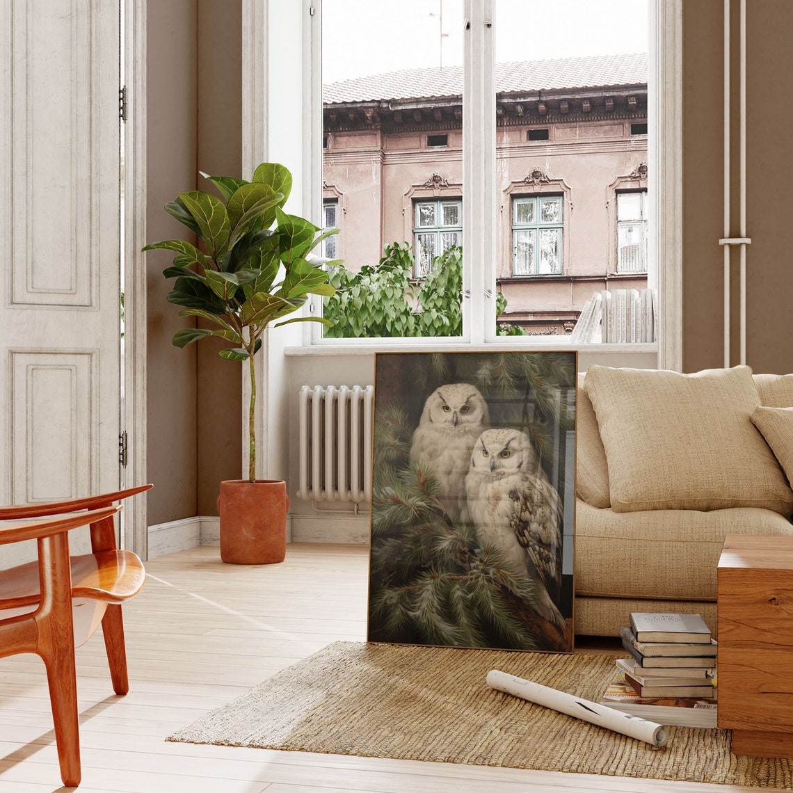 Two White Snowy Owls Perched in a Pine Tree Winter Bird Poster - Image 6