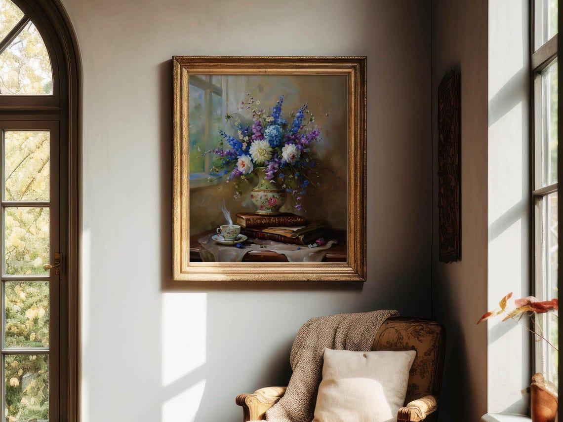 Vintage Hydrangea Bouquet Books Teacup Light Academia Art Print - Image 7
