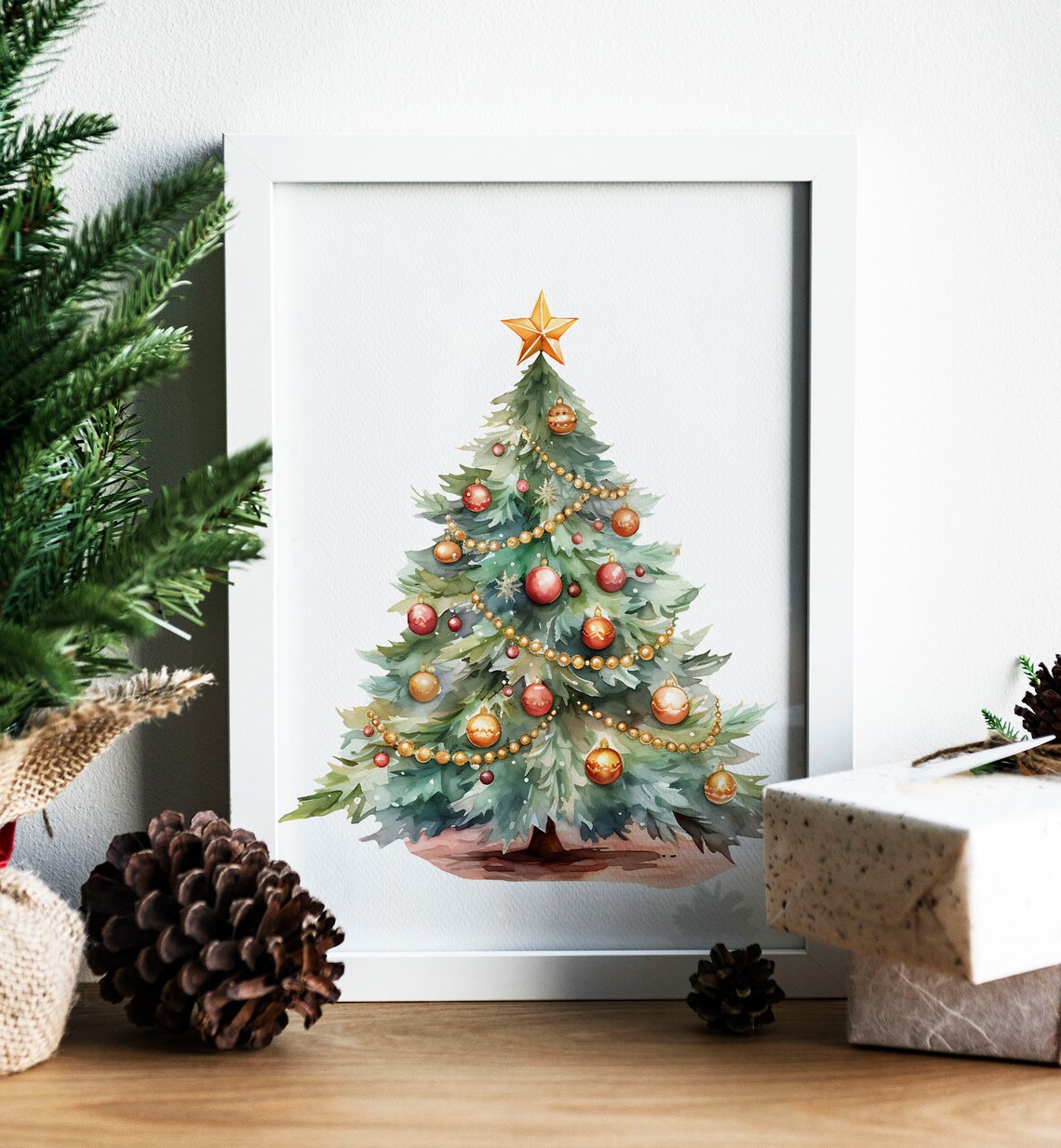 Watercolor Green Christmas Tree Gold Star Ornaments Holiday Poster - Image 8