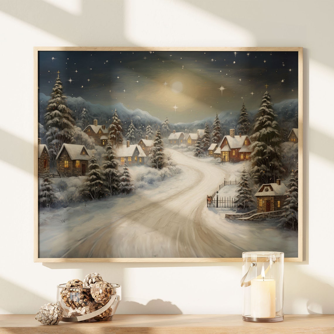 Snowy Mountain Village Moonlit Night Winter Landscape Poster - Image 6