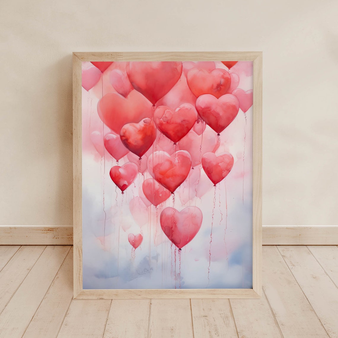 Romantic Pink Heart Balloons Bunch Watercolor Valentine Poster - Image 2