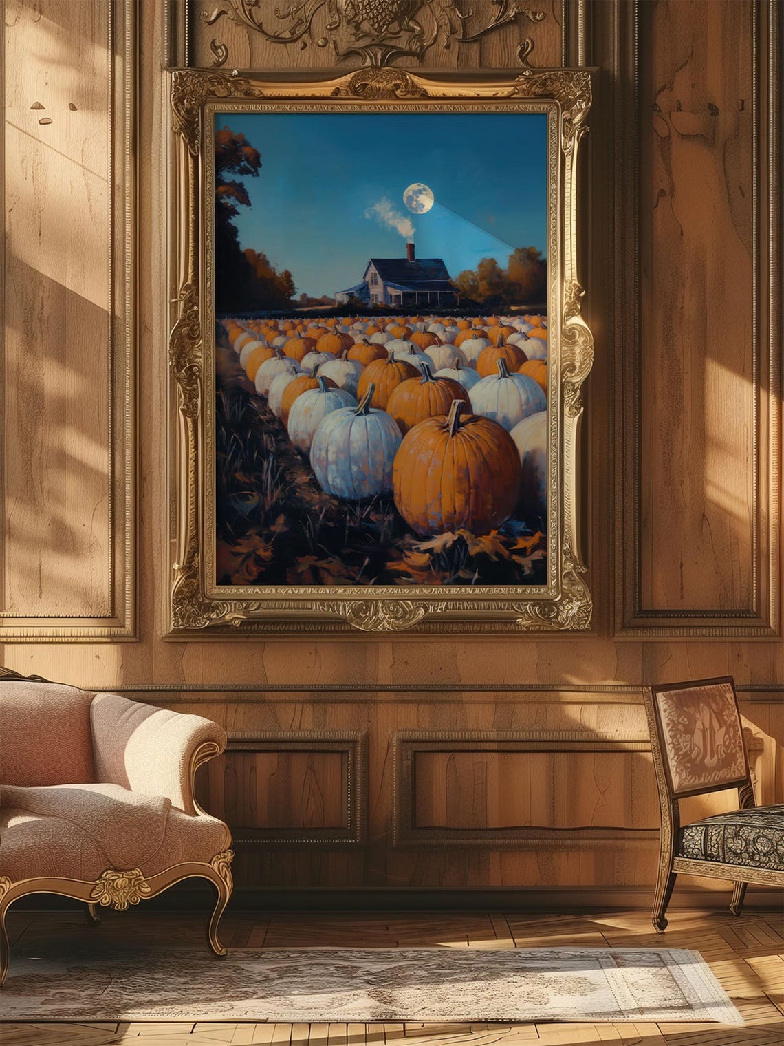 Spooky Pumpkin Patch Farmhouse Full Moon Fall Harvest Art Poster - Image 3