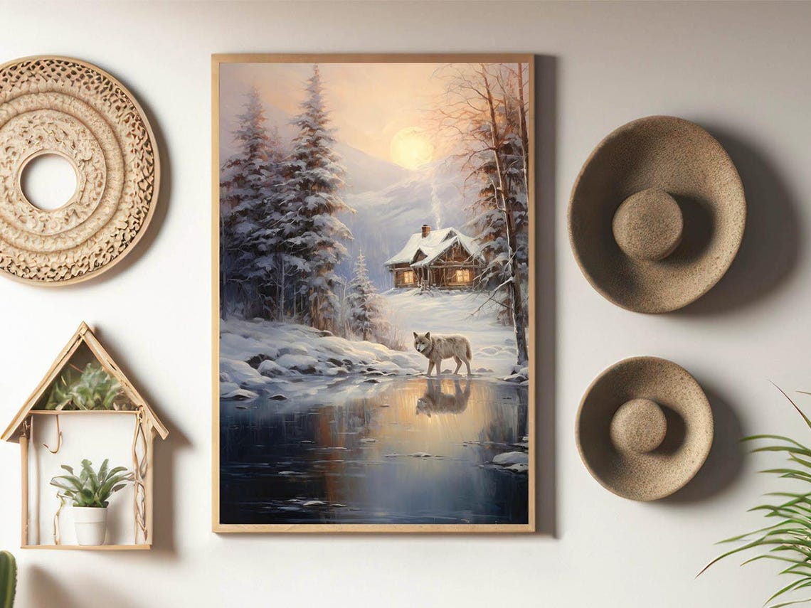White Wolf by a Winter Stream with Log Cabin Sunset Landscape Poster - Image 8