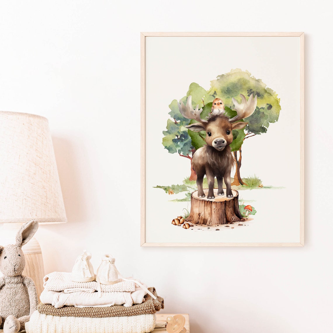 Baby Moose Tree Stump Tiny Owl Watercolor Woodland Nursery Poster - Image 7