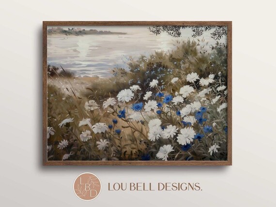 Blue and White Wildflower Meadow by the Water Wall Decor Print