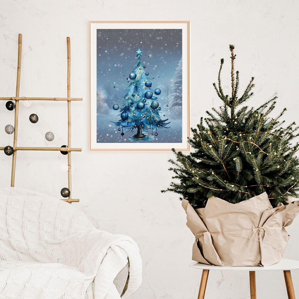 Blue Watercolor Christmas Tree Starry Snowy Night Holiday Poster - Image 6