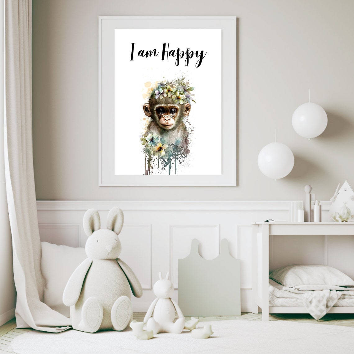 I Am Happy Monkey Watercolor Flower Crown Nursery Kids Poster - Image 4