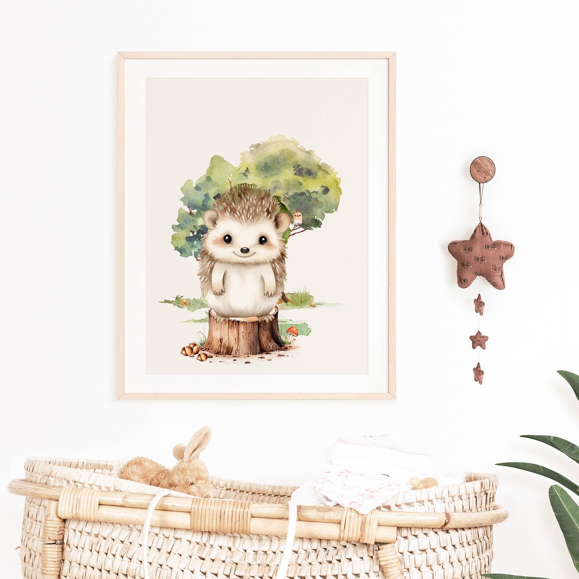 Smiling Hedgehog Tree Stump Watercolor Woodland Nursery Poster - Image 6