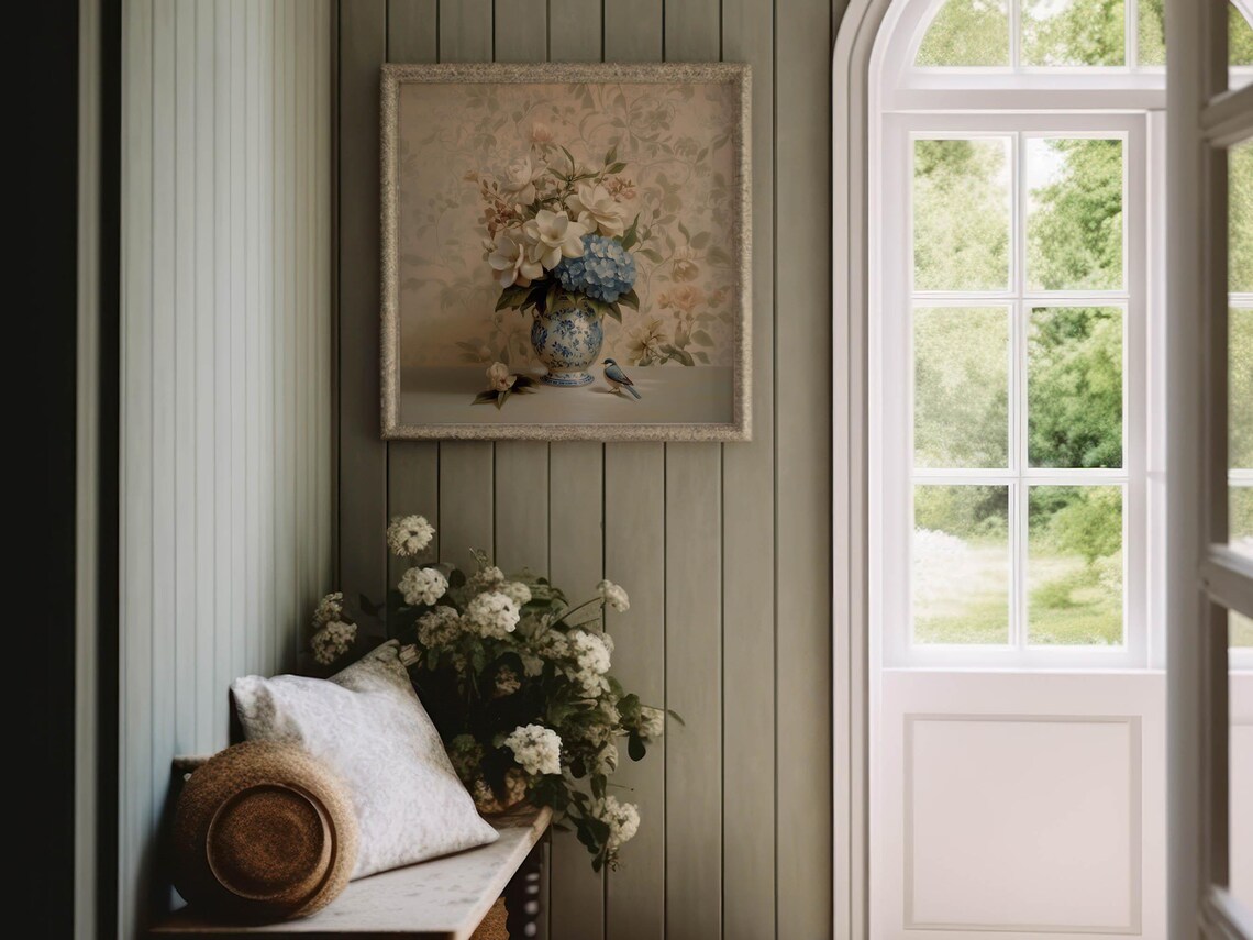 Chinoiserie Blue Vase with Hydrangea and Gardenias Art Print