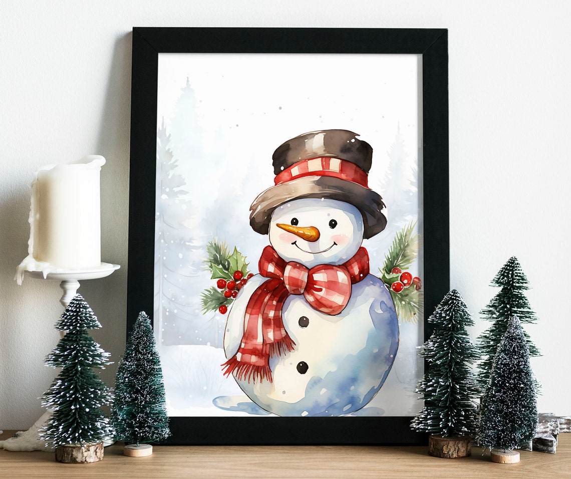 Cute Watercolor Snowman Top Hat Plaid Scarf Winter Art Poster - Image 4