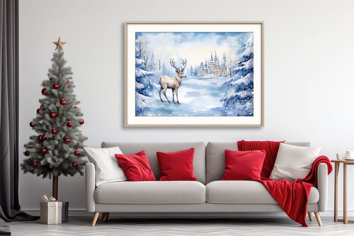 Winter Deer Castle Snowy Blue Christmas Watercolor Art Print - Image 7