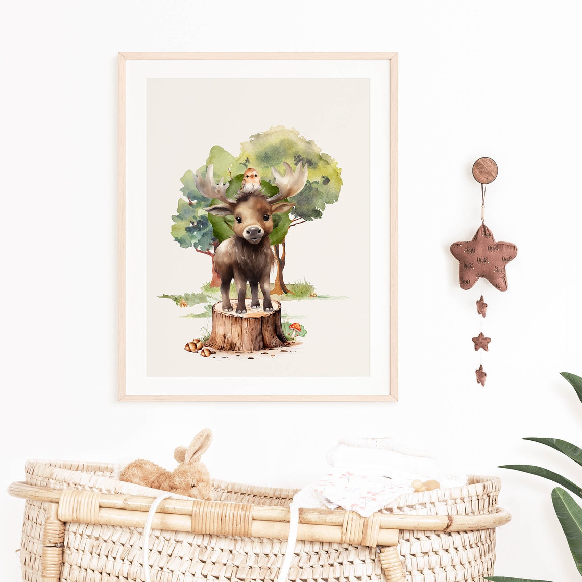 Baby Moose Tree Stump Tiny Owl Watercolor Woodland Nursery Poster - Image 4