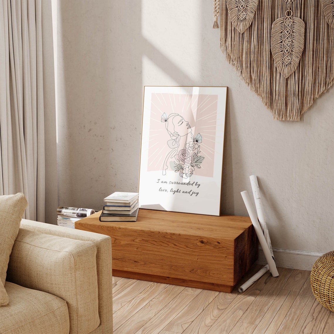 Love Light and Joy Affirmation Boho Line Art Woman Wall Poster - Image 3