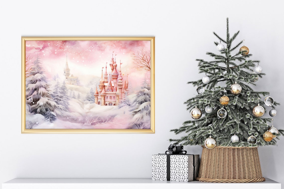 Pink Watercolor Castle Snowy Winter Forest Christmas Art Poster - Image 8