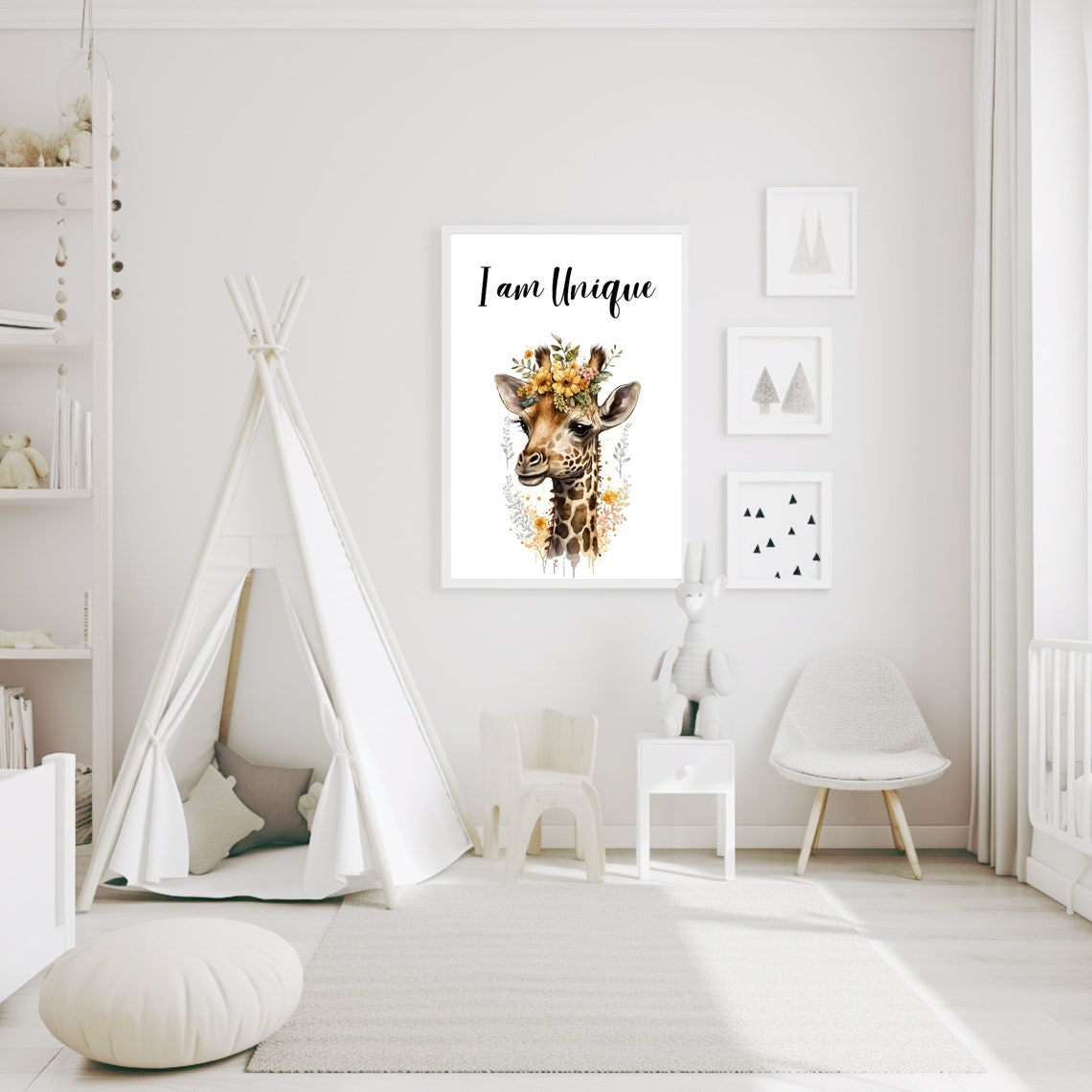 I Am Unique Giraffe Watercolor Flower Crown Nursery Kids Poster - Image 3