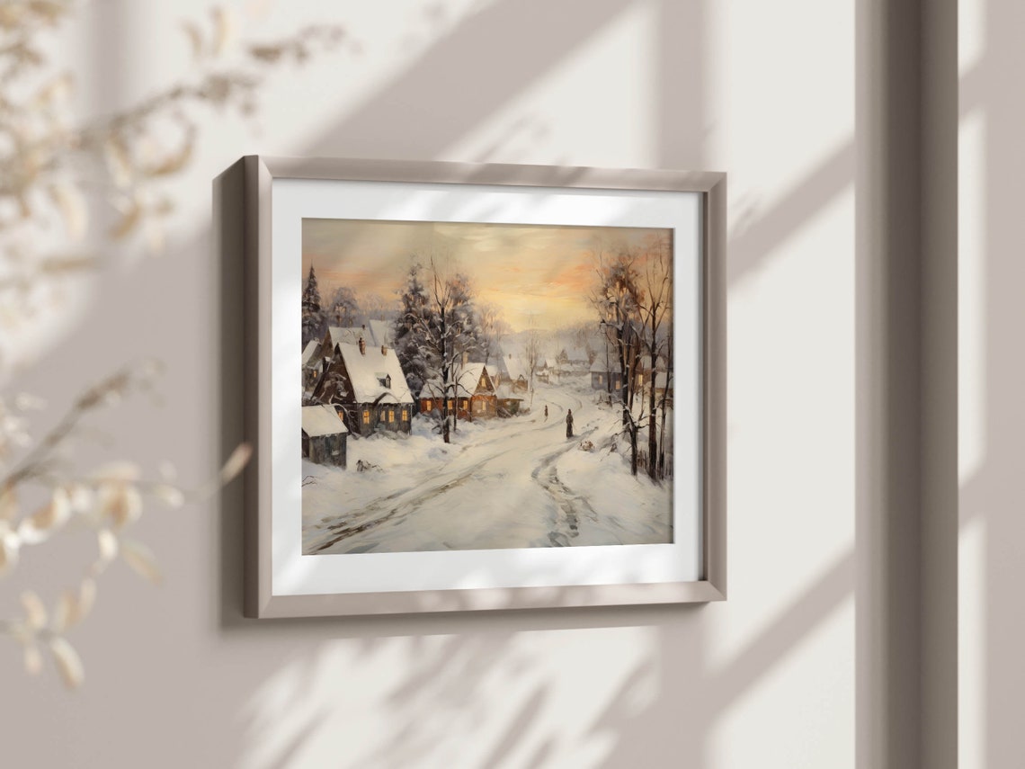 Snowy Village Street Dusk Cottages Vintage Winter Evening Poster