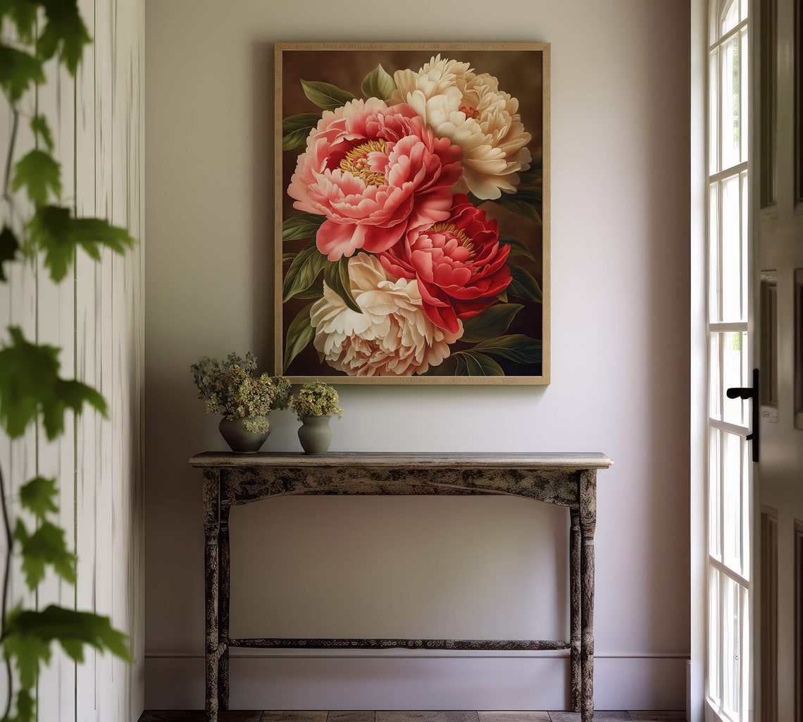 Pink Red Cream Peonies Dark Brown Background Botanical Floral Poster - Image 2