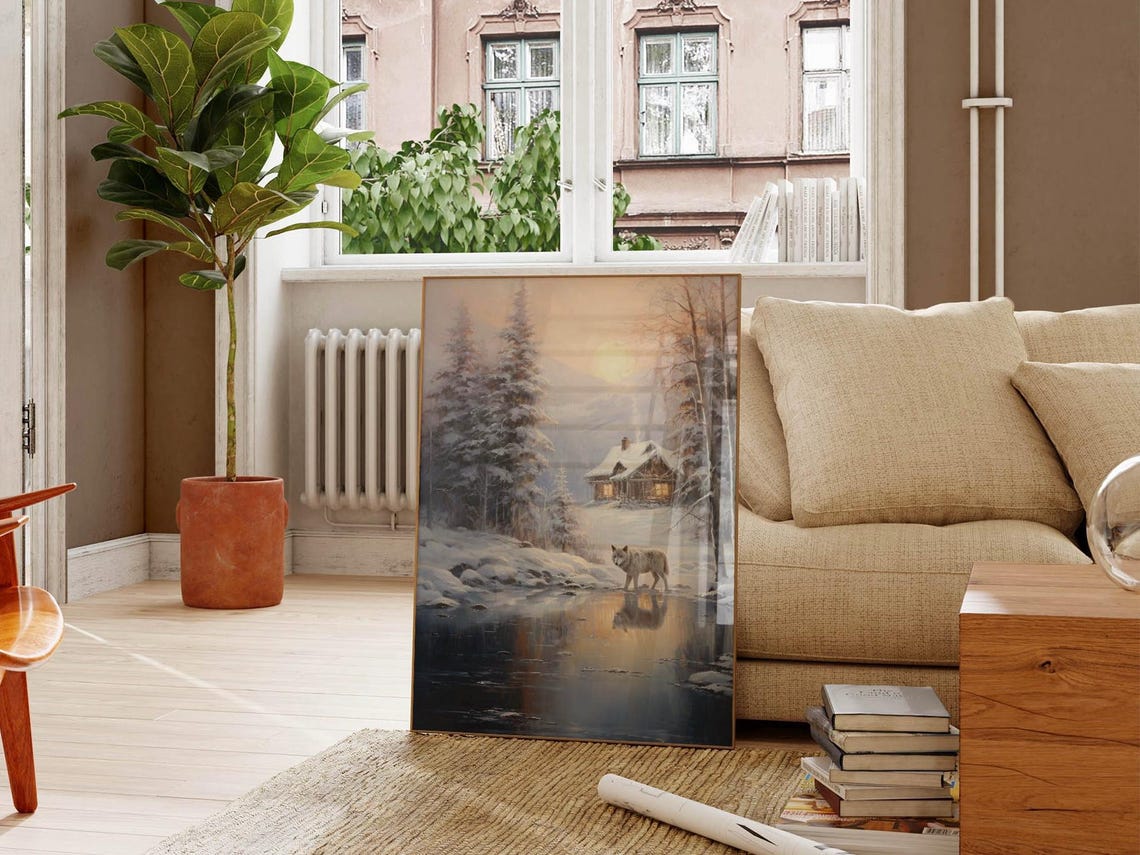 White Wolf by a Winter Stream with Log Cabin Sunset Landscape Poster - Image 7