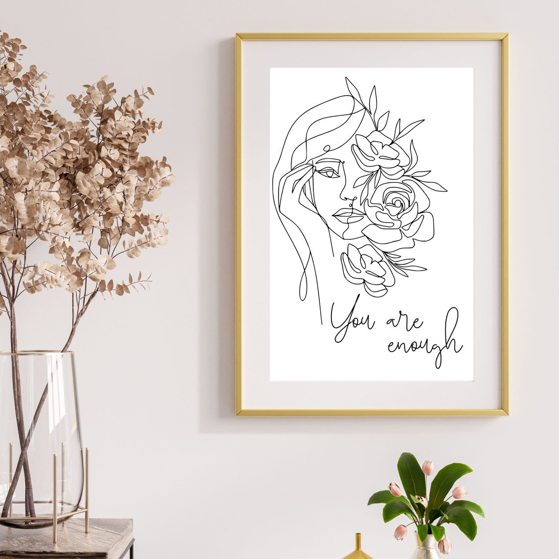You Are Enough Floral Line Art Woman White Minimalist Poster - Image 8