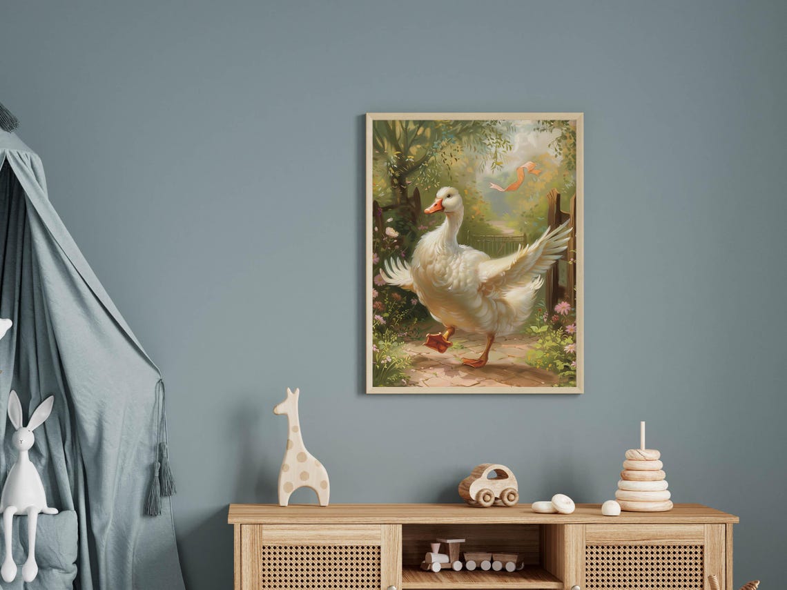 Silly White Goose Strutting Flower Garden Path Whimsical Kids Poster - Image 2