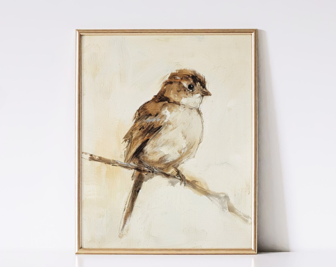 Small Brown Bird On Branch Oil Painting Soft Beige Songbird Art Print