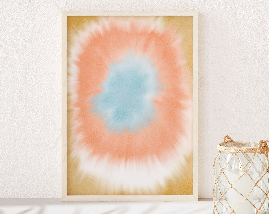 Coral Turquoise Tie Dye Watercolor Abstract Boho Circle Wall Art - Image 4