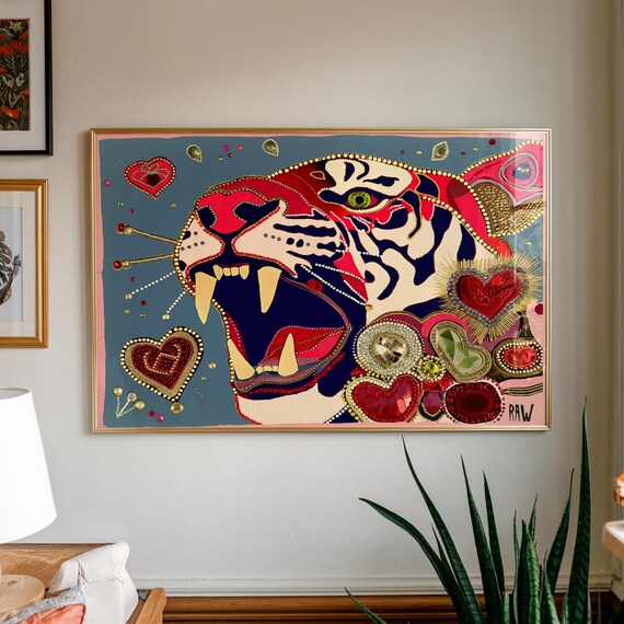 Maximalist Tiger Art Print Jewel Hearts Bold Pop Decor