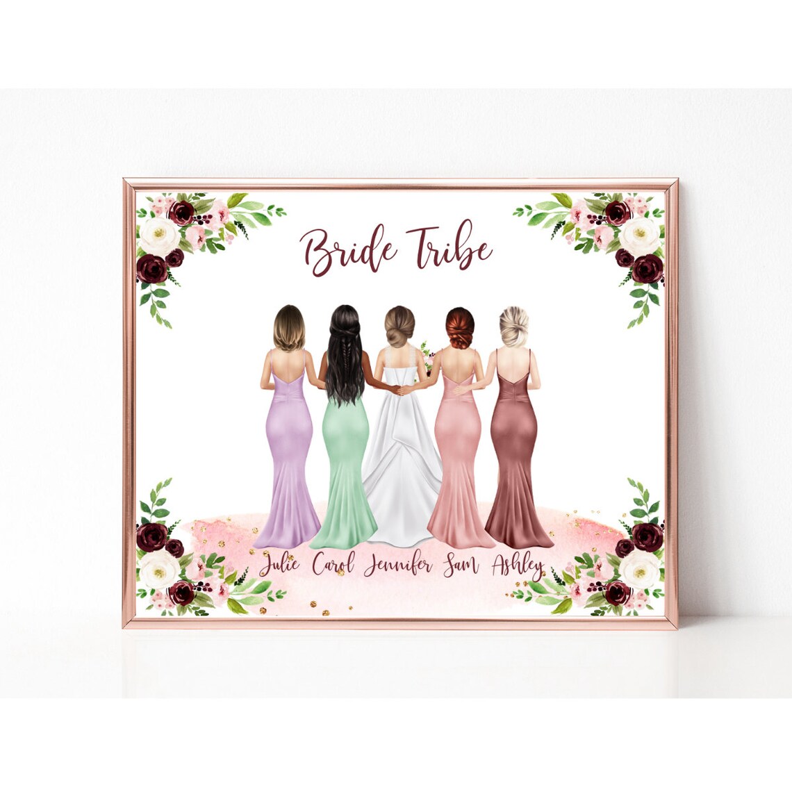 Bride Tribe Custom Portrait Five Women Burgundy Floral Bridesmaid Gift Poster - Image 3