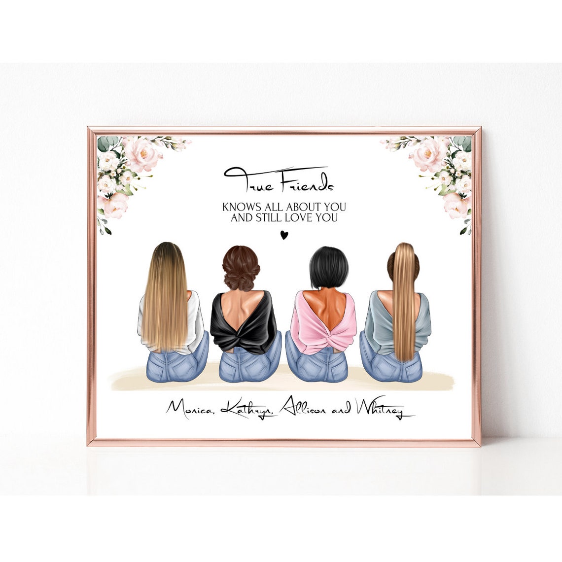 Four True Friends With Floral Corners Quote Illustration Poster