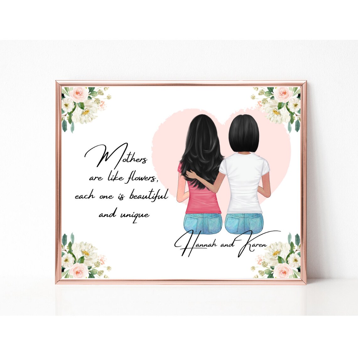 Mother and Daughter With Pink Heart Floral Mothers Quote Poster - Image 2