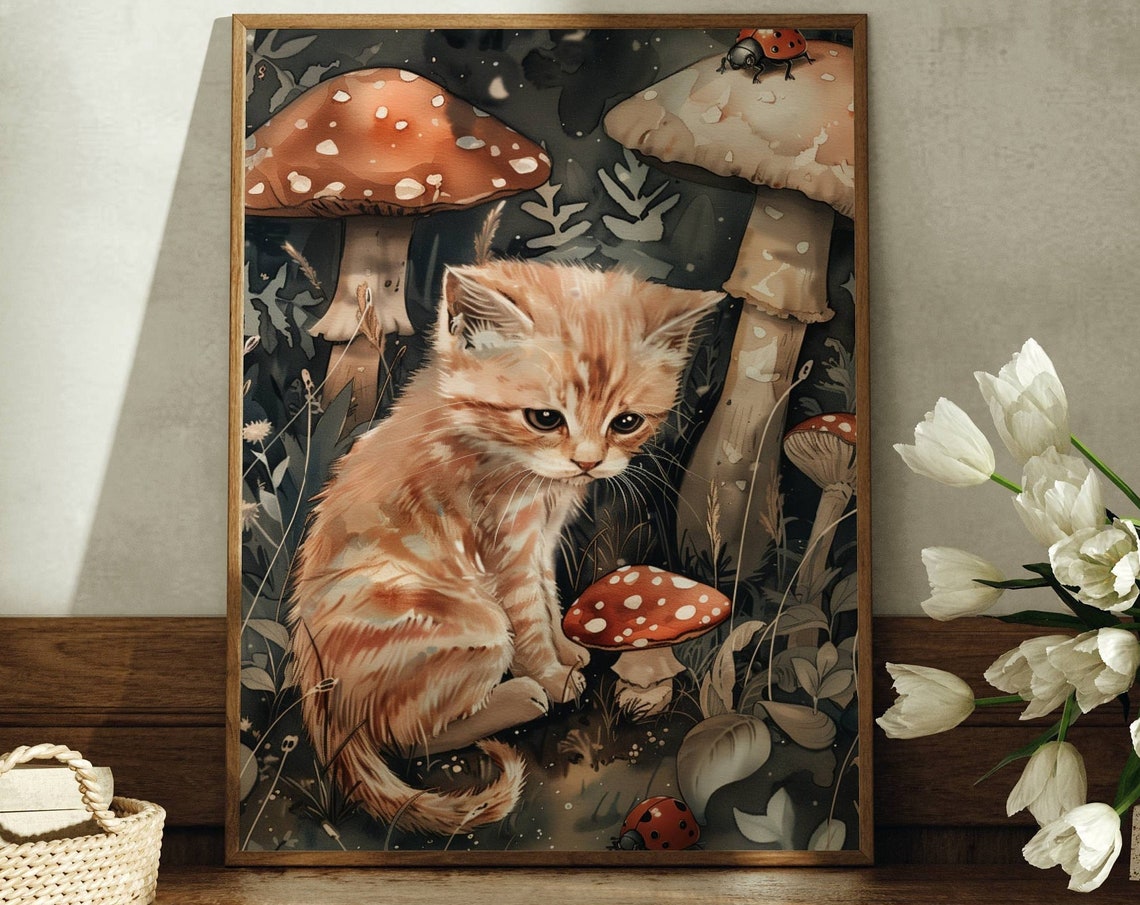 Tiny Ginger Kitten Among Giant Toadstools Fairy Tale Art Poster - Image 7