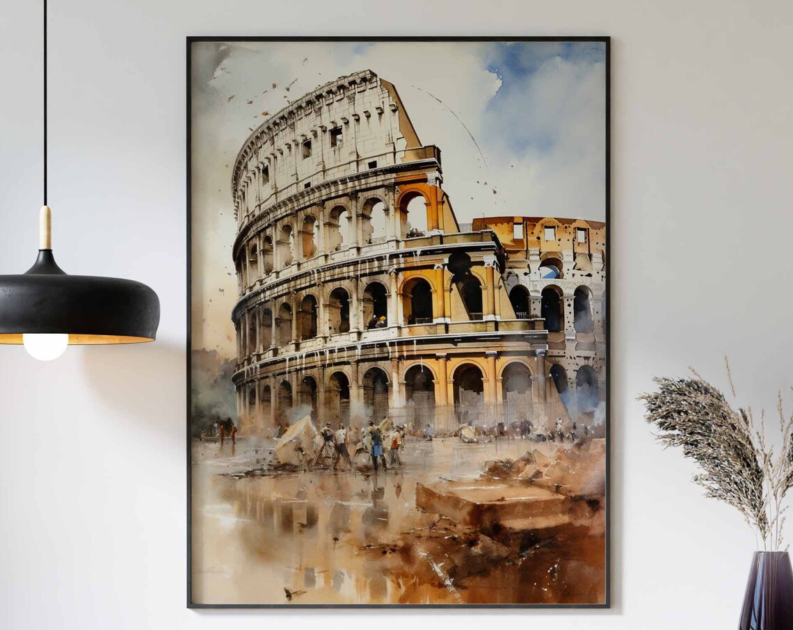 Rome Colosseum Watercolor Travel Poster with Warm Earthy Tones