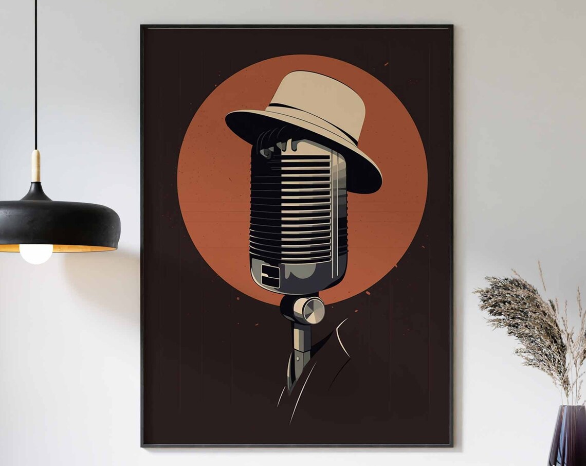 Retro Microphone Fedora Dark Orange Vintage Music Bar Poster