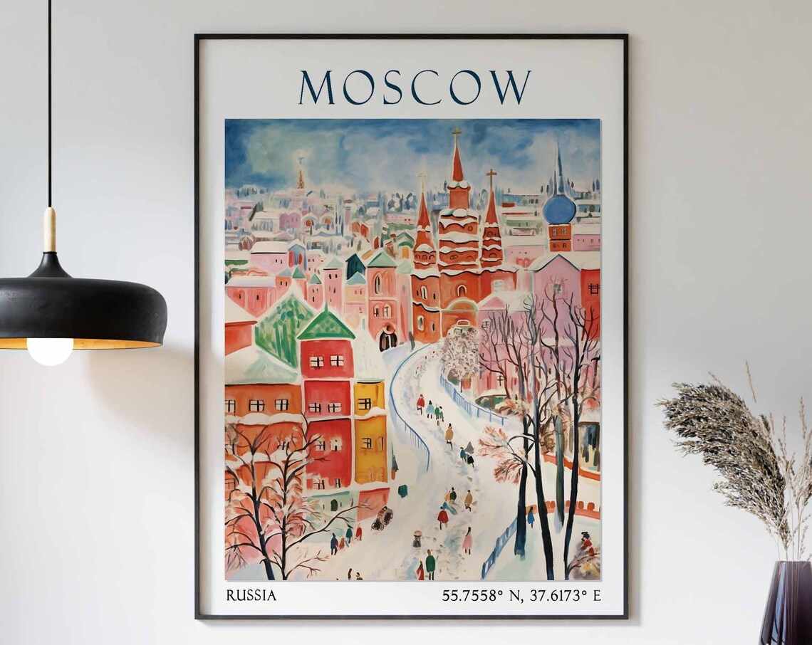 Moscow Russia Winter Snowy Red Square Street Scene Travel Poster