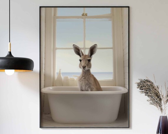 Kangaroo In Tub Wall Art Kangaroo Art Bathroom Art Print Funny Bathroom Wall Art Kangaroo Bathing Animal In Bathtub