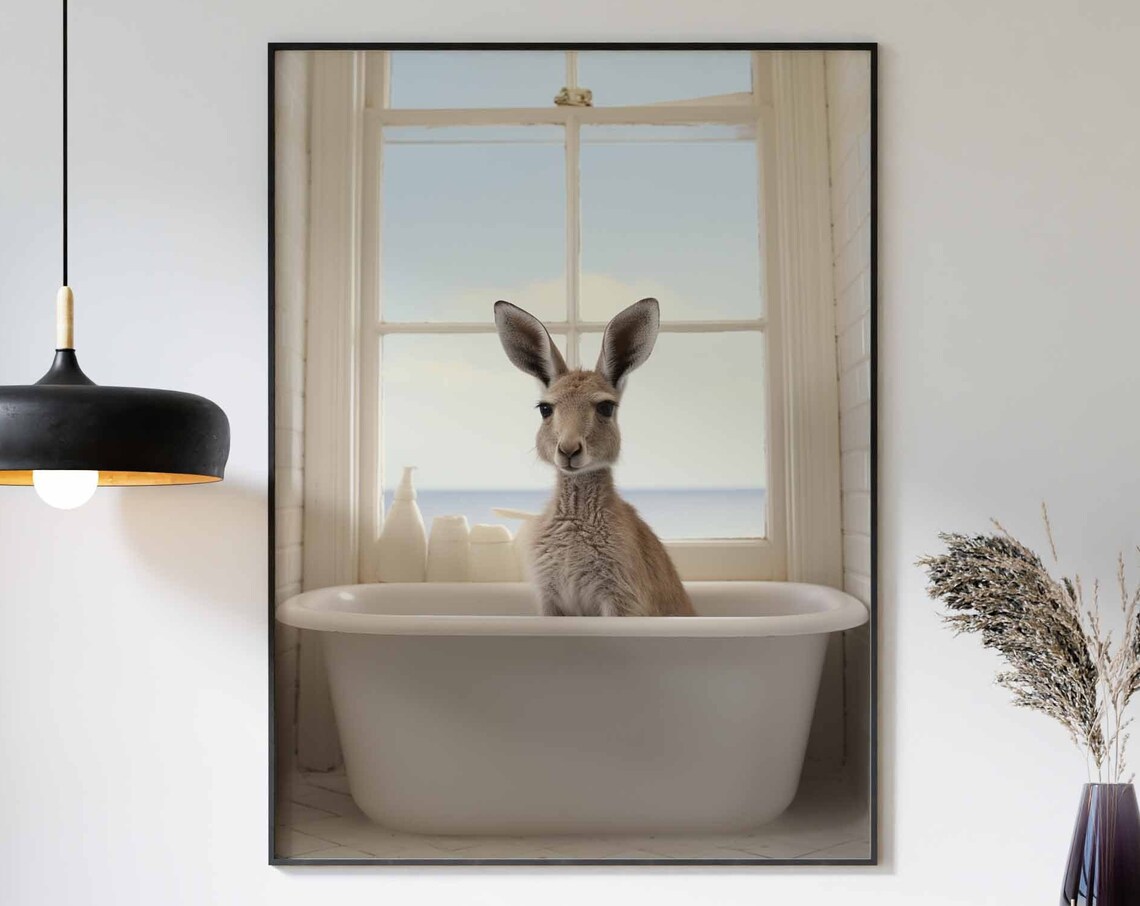 Joey Kangaroo Bathing In A Bathtub With A Bright Ocean View Poster