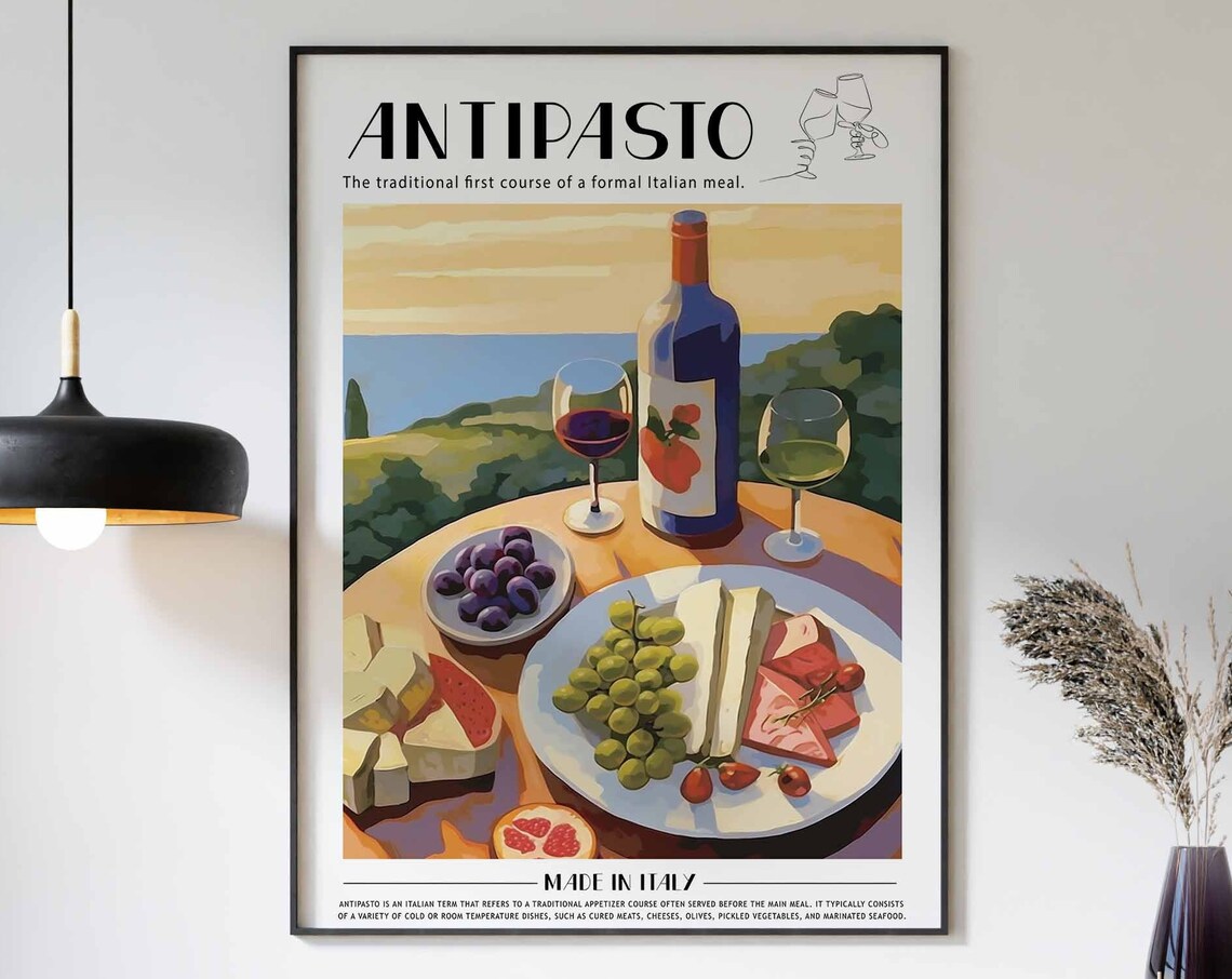 Italian Antipasto Red Wine Glasses Sunset Terrace Food Poster