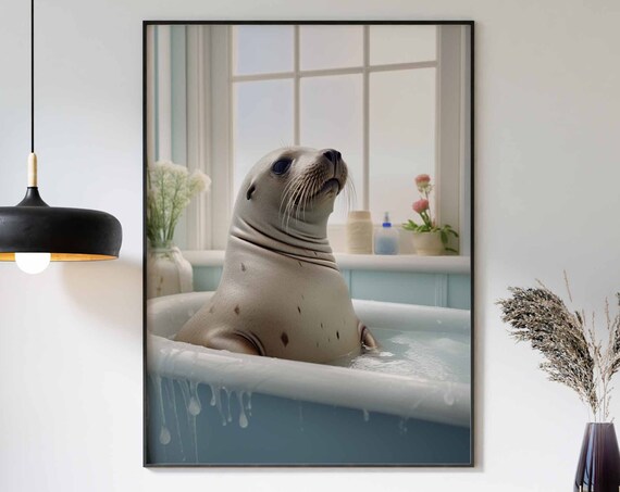 Sea Lion Enjoying a Relaxing Bath in a Tub Funny Bathroom Poster