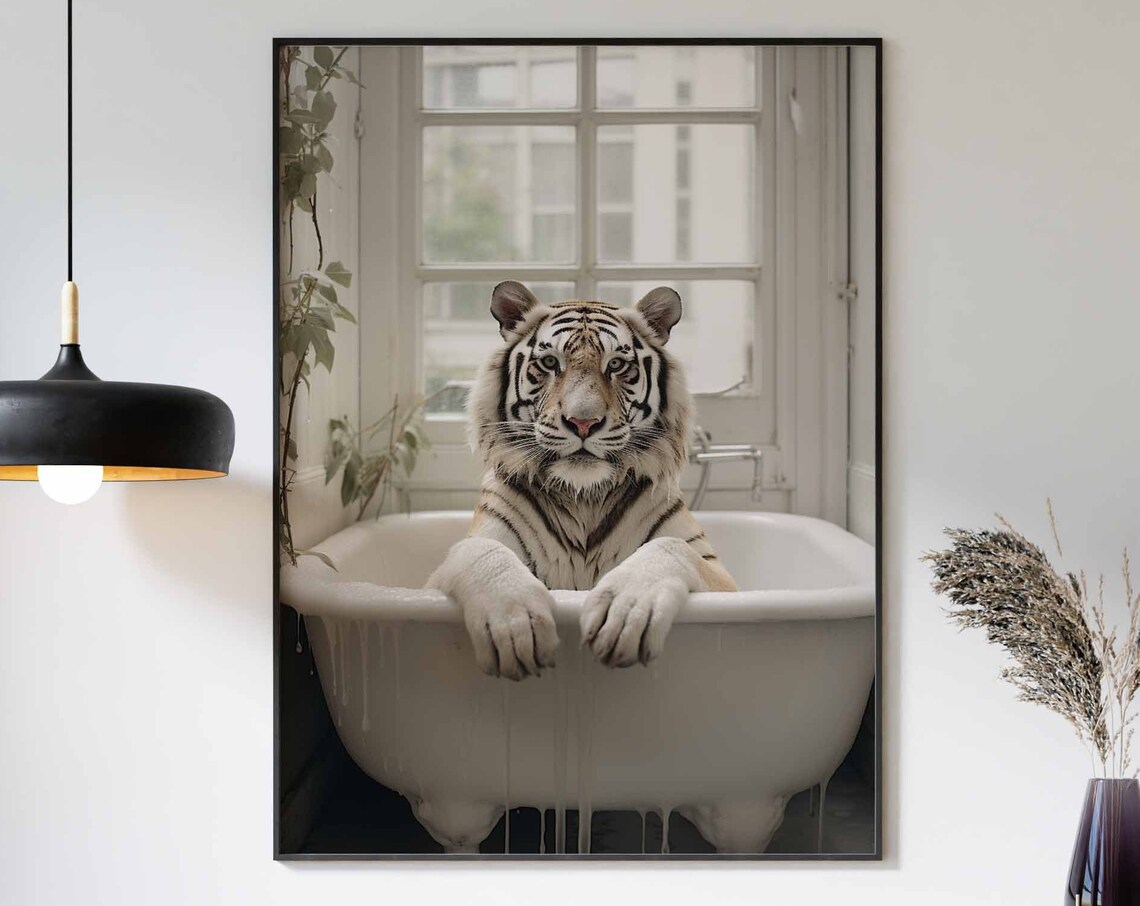 Relaxed White Tiger in a Bathtub Funny Bathroom Poster with Paws