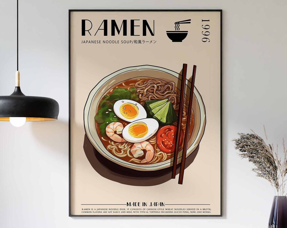 Japanese Ramen Noodle Soup Bowl Illustration Food Poster Kitchen