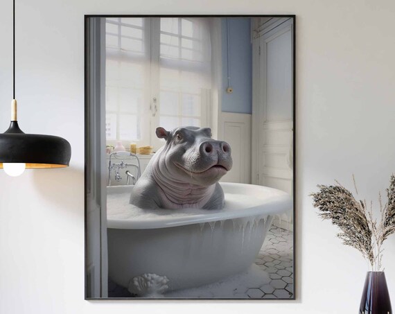 Smiling Hippo Enjoying A Foamy Bubble Bath On Hex Tile Poster